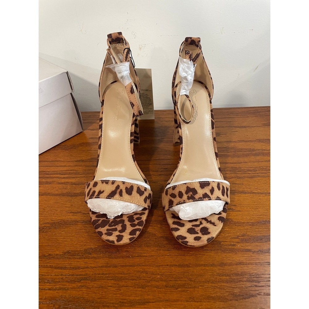 W 7.5 NEW Leopard Print Open‎ Toe Block Heel Ankle Strap Shoes The Drop Rebecca
